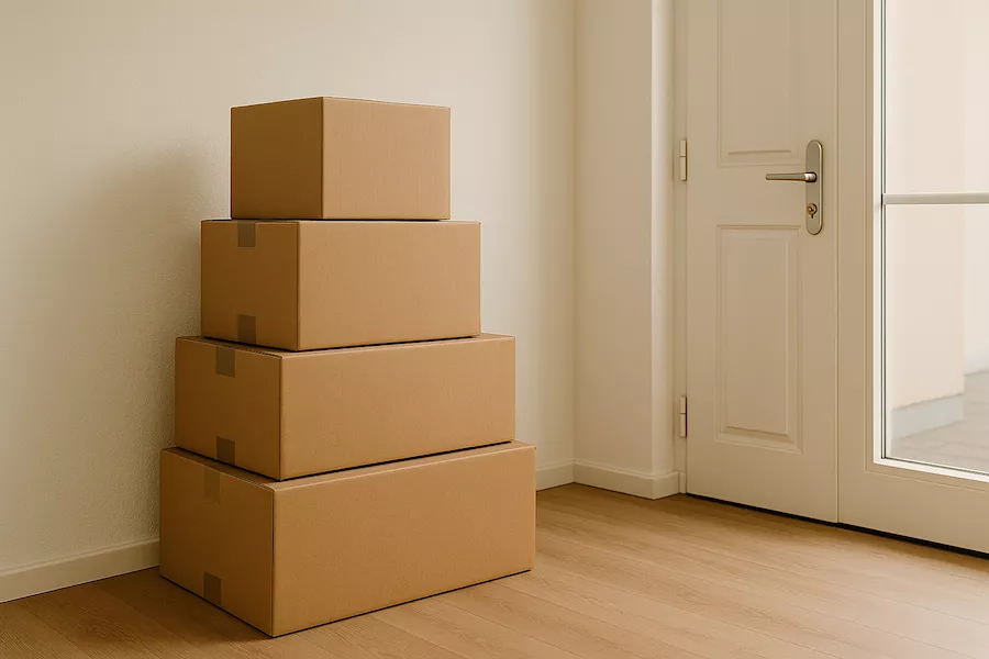 Tom lägenhet och stapel med flyttkartonger och låst dörr – väntan på nytt boende